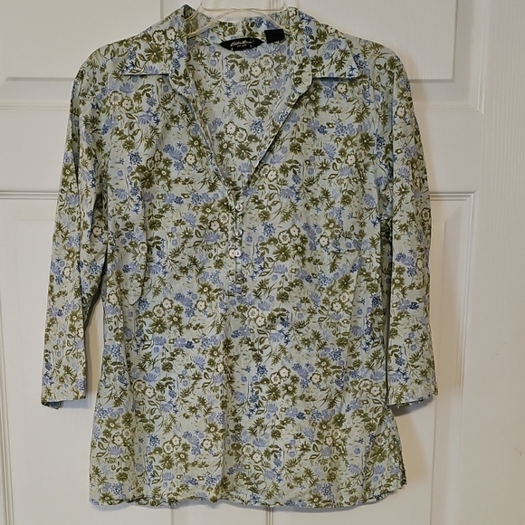 Eddie Bauer Tops - Eddie Bauer Light Blue Shirt with Olive Floral Print